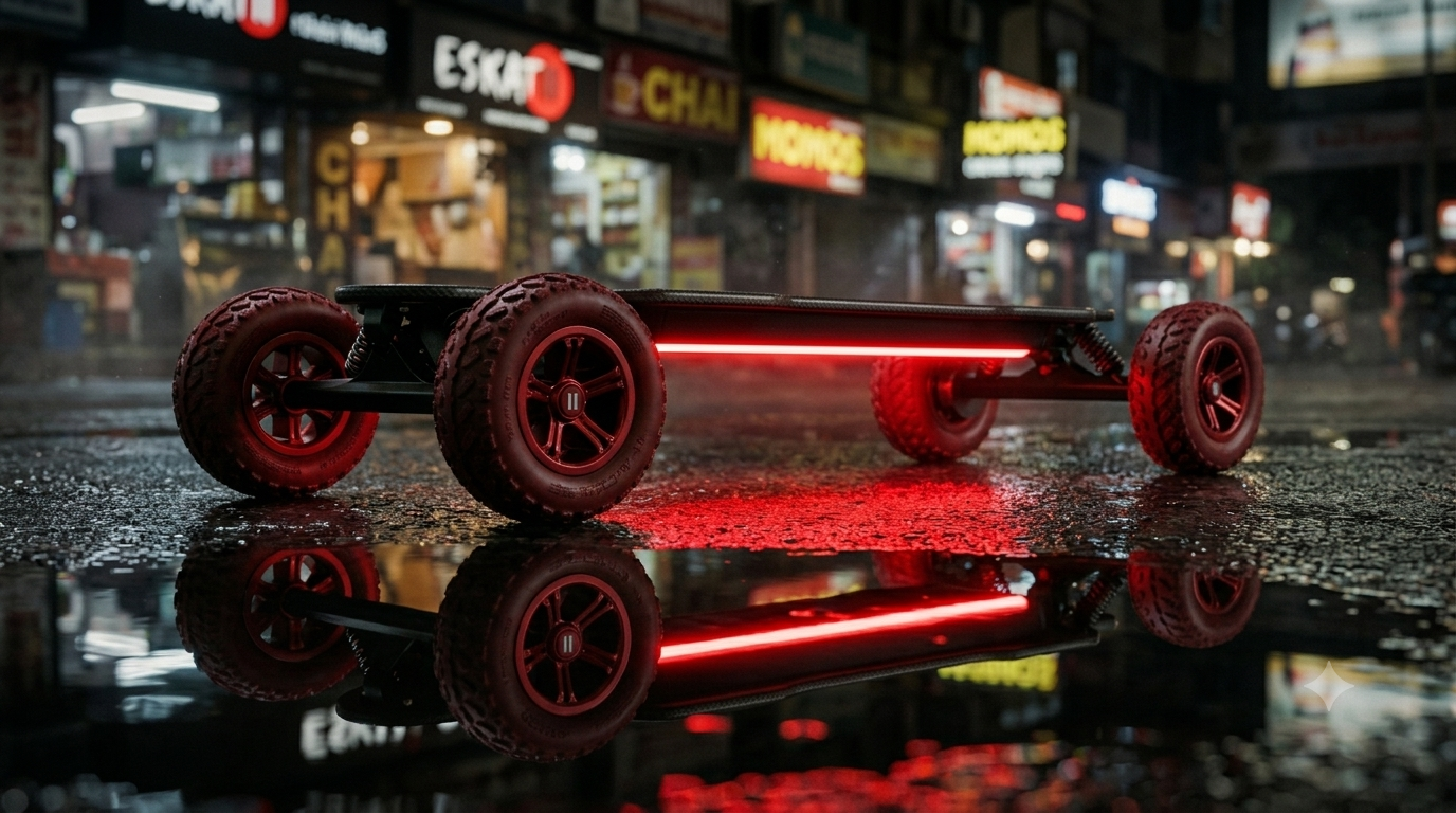 ESKATII Mk1 electric skateboard glowing red under-light on a rain-soaked Indian street at night.